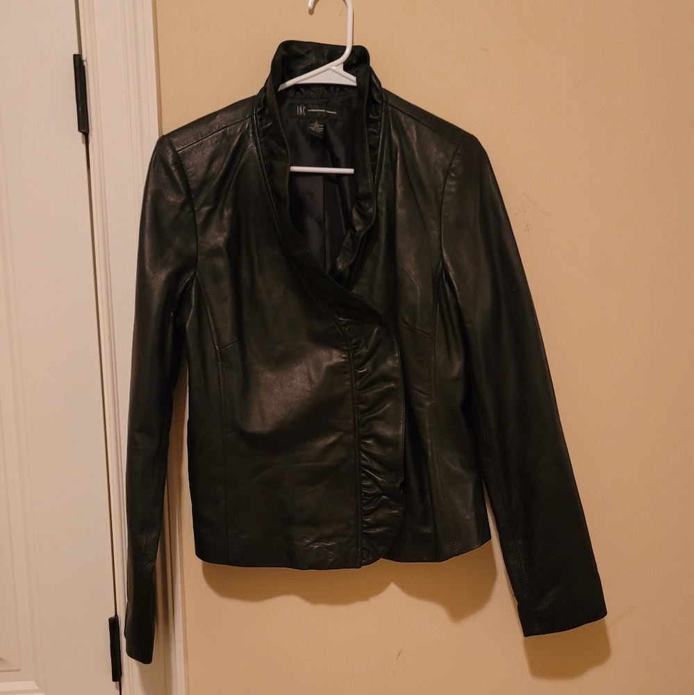 NWOT INC Black Genuine Leather Ruffle Jacket Blazer Coat